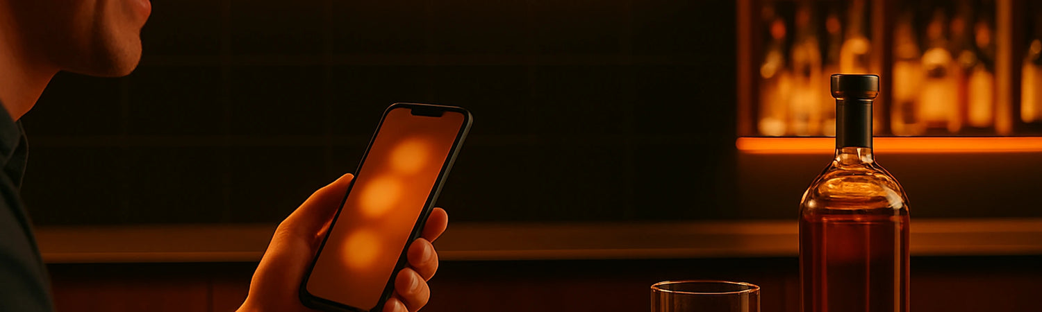 Hand holding a smartphone with glowing tasting app beside whiskey in a modern kitchen