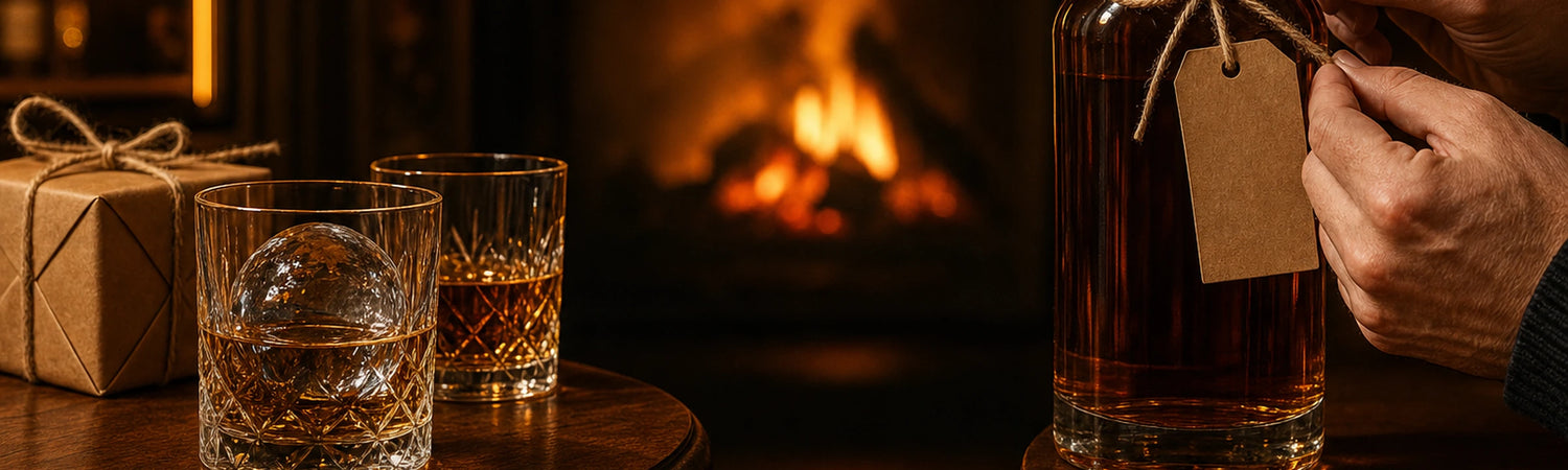 Gift-wrapped whiskey bottle with red ribbon, glasses and fairy lights