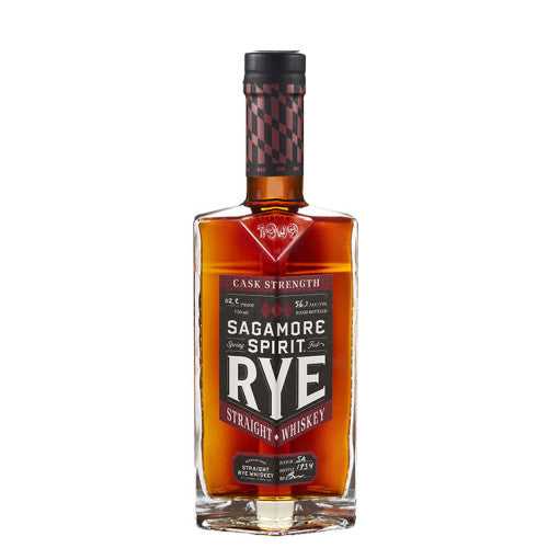 Sagamore Spirit Cask Strength Rye Whiskey bottle featuring bold black and red label, ideal for premium man cave bars and top rye whiskey collections.