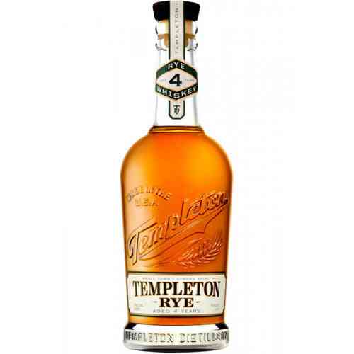 Templeton 4 Year Rye Whiskey bottle showcasing its amber color and embossed branding. A top rye whiskey featured in Templeton 4 Year Rye Review and Heritage.