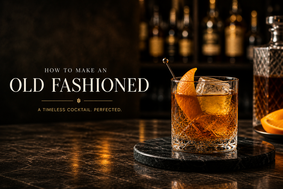 Old Fashioned cocktail with rye whiskey, large ice sphere, demerara syrup, bitters, and expressed orange peel on a wooden bar.