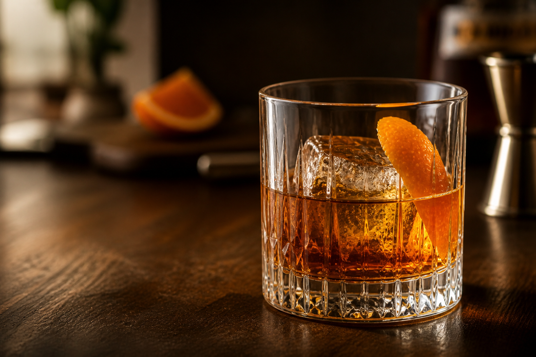 Rye old fashioned cocktail in a rocks glass, served over a large ice cube with an expressed orange peel garnish