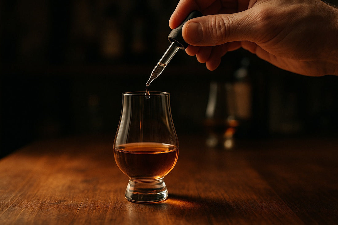 A glass pipette releasing a single drop of water into a Glencairn glass of amber whiskey on a warm wooden home bar, editorial photography