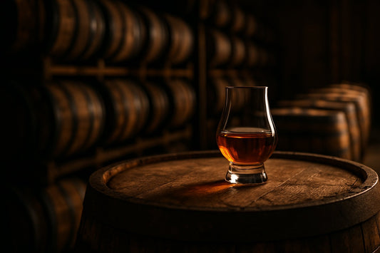 Glass of amber rye whiskey on an oak barrel head with rows of charred aging barrels behind it in a warm warehouse.