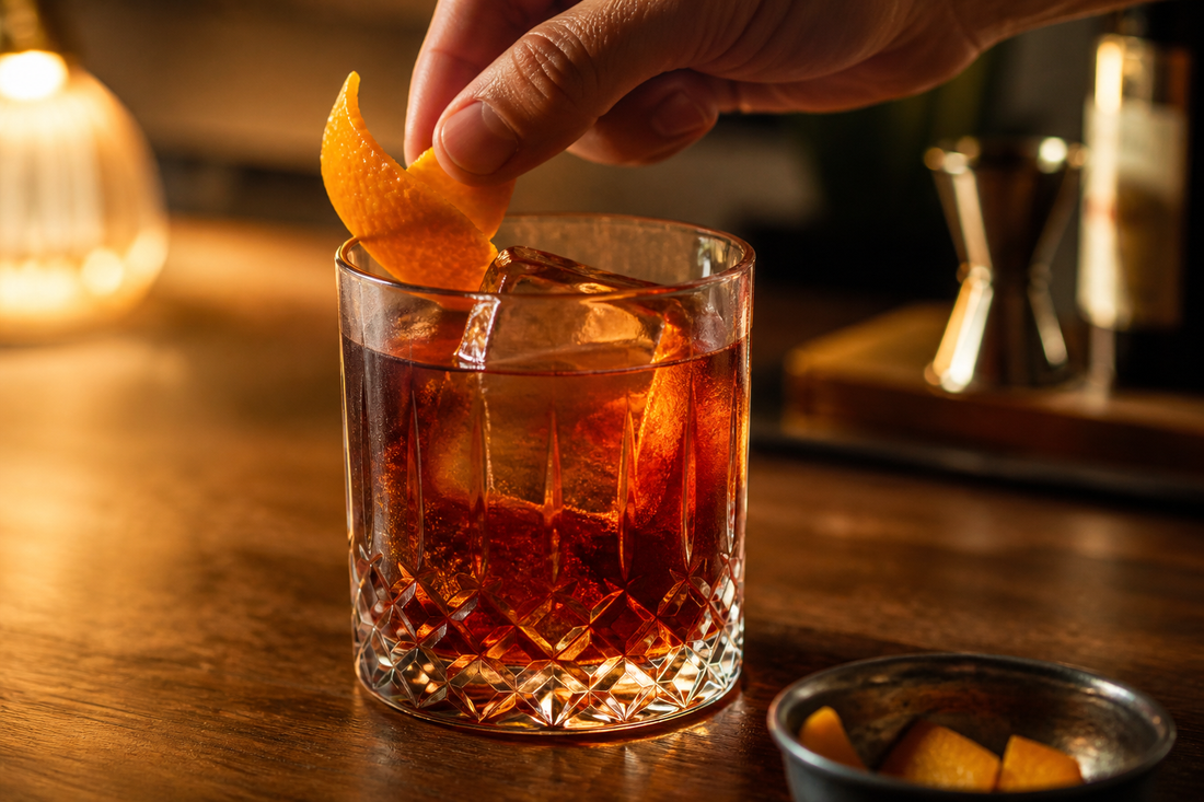 Amaro Old Fashioned cocktail in a warm bar setting with orange peel garnish for a bittersweet Italian rye recipe.