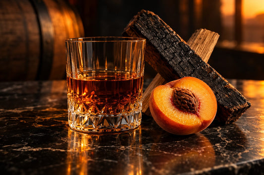 Glass of amber rye whiskey on dark marble beside a halved peach and charred and toasted oak staves in warm light