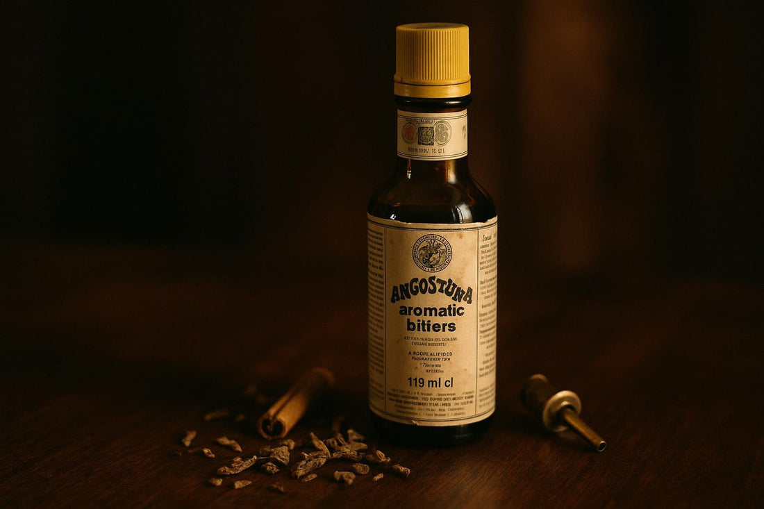 Vintage bottle of Angostura Aromatic Bitters with dried gentian and cinnamon — Angostura bitters guide