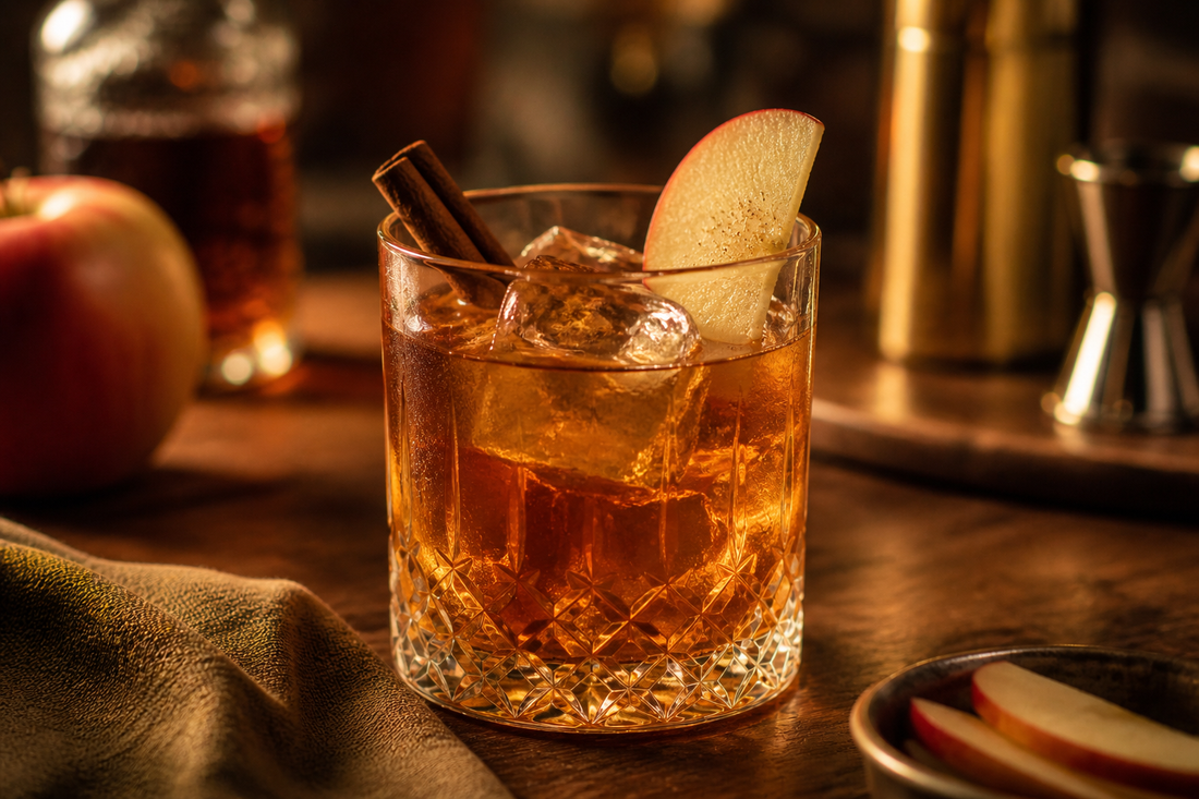 Apple Cider Old Fashioned cocktail with apple slice and cinnamon stick in a warm, cozy bar setting, autumn-inspired rye whiskey drink