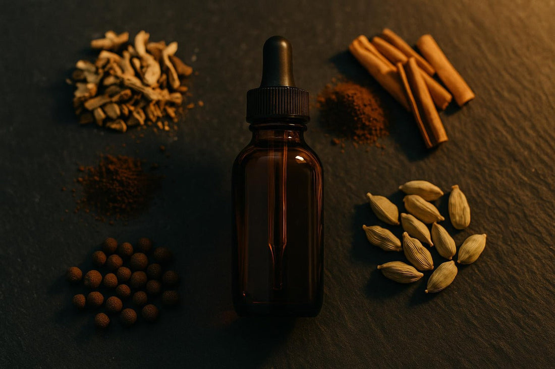 Aromatic bitters spice palette — gentian root, clove, cinnamon, cardamom, allspice — flat-lay on dark slate