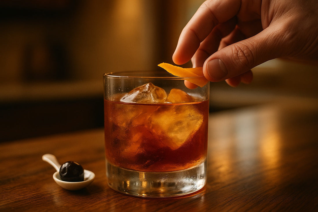 Bacon Old Fashioned (Fat cocktail served in a rocks glass on a kitchen counter, warm editorial lighting, with a hand visible in the composition