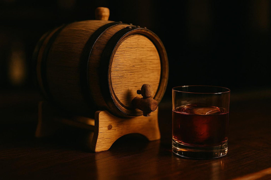 Small wooden cocktail-aging barrel beside a barrel-aged Old Fashioned — aging cocktails at home