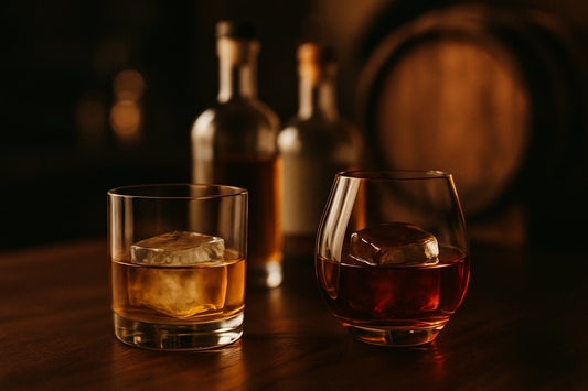 Two glasses of American whiskey side by side, rye and bourbon, for a beginner comparison