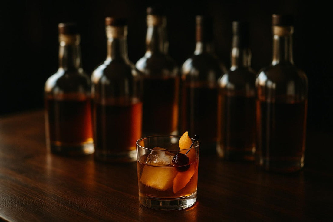 Six bourbon bottles behind a bourbon Old Fashioned with cherry and orange — best bourbon guide