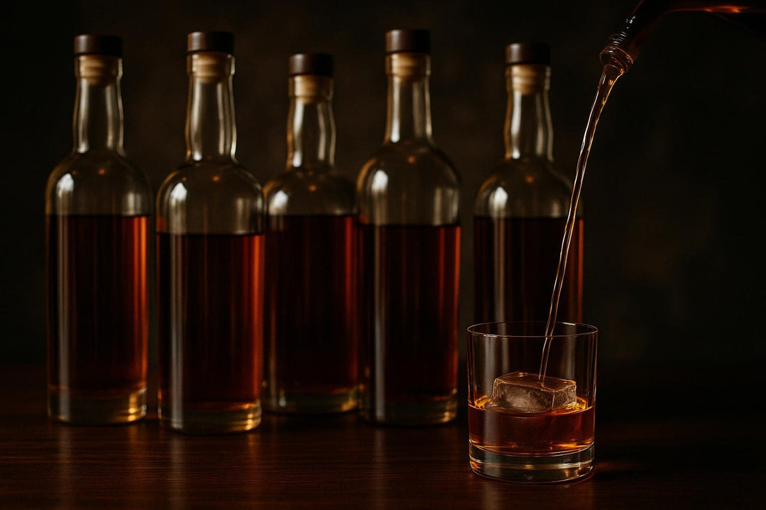 Five budget rye whiskey bottles in a row beside a rocks glass — budget rye for Old Fashioned