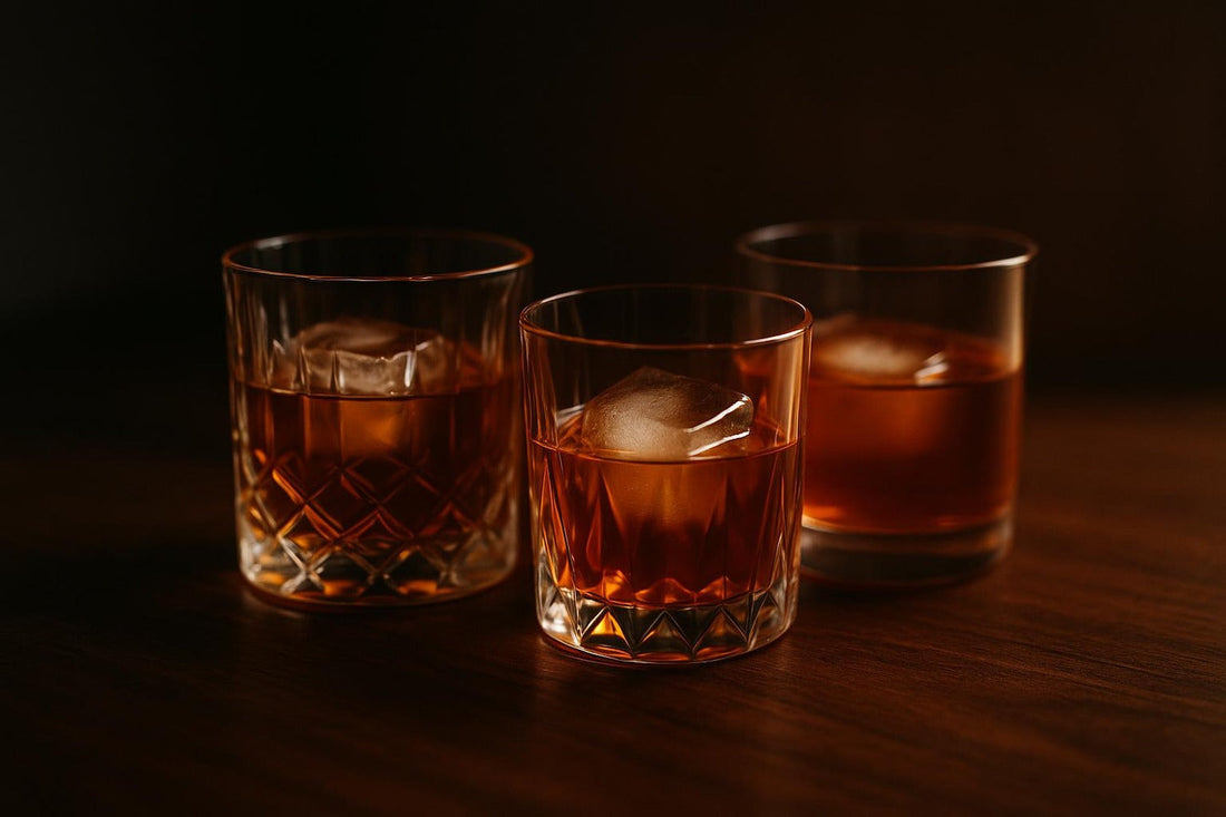 Three rocks glass styles holding Old Fashioneds — best Old Fashioned glass guide