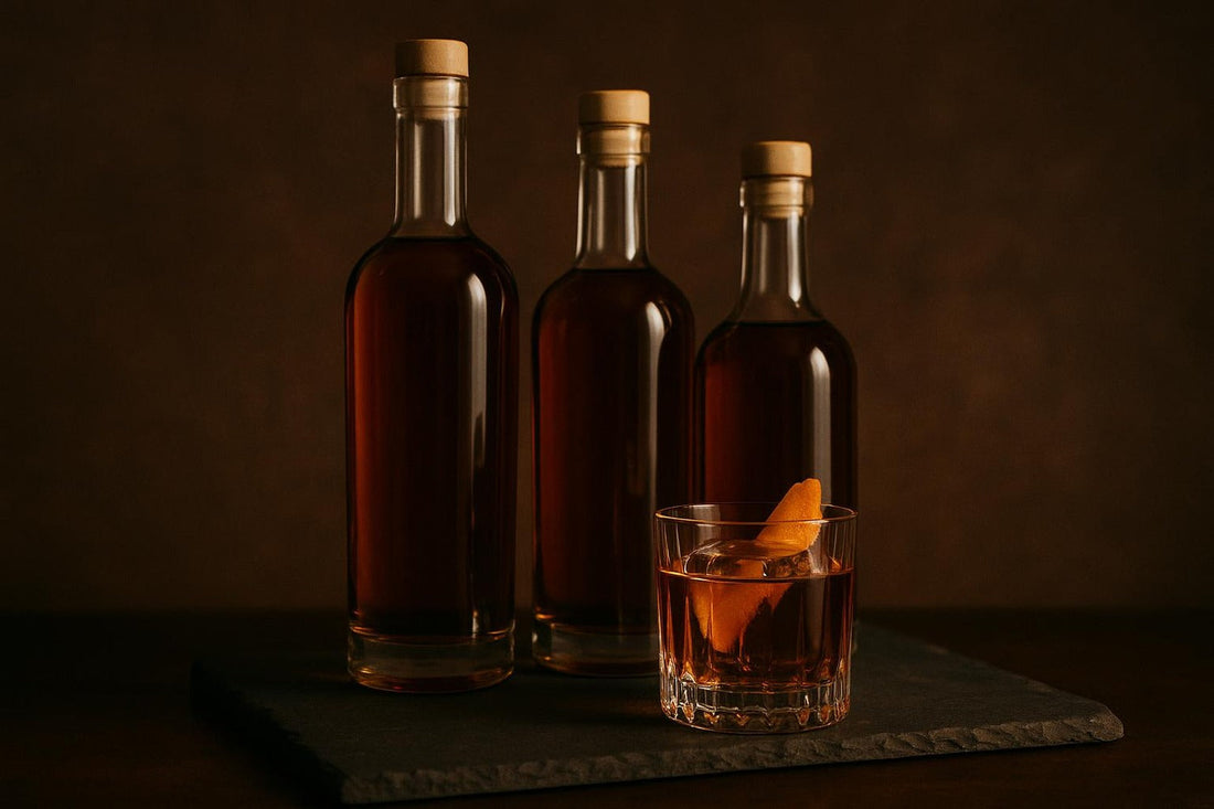 Three premium rye whiskey bottles on dark slate beside a crystal Old Fashioned — premium rye picks
