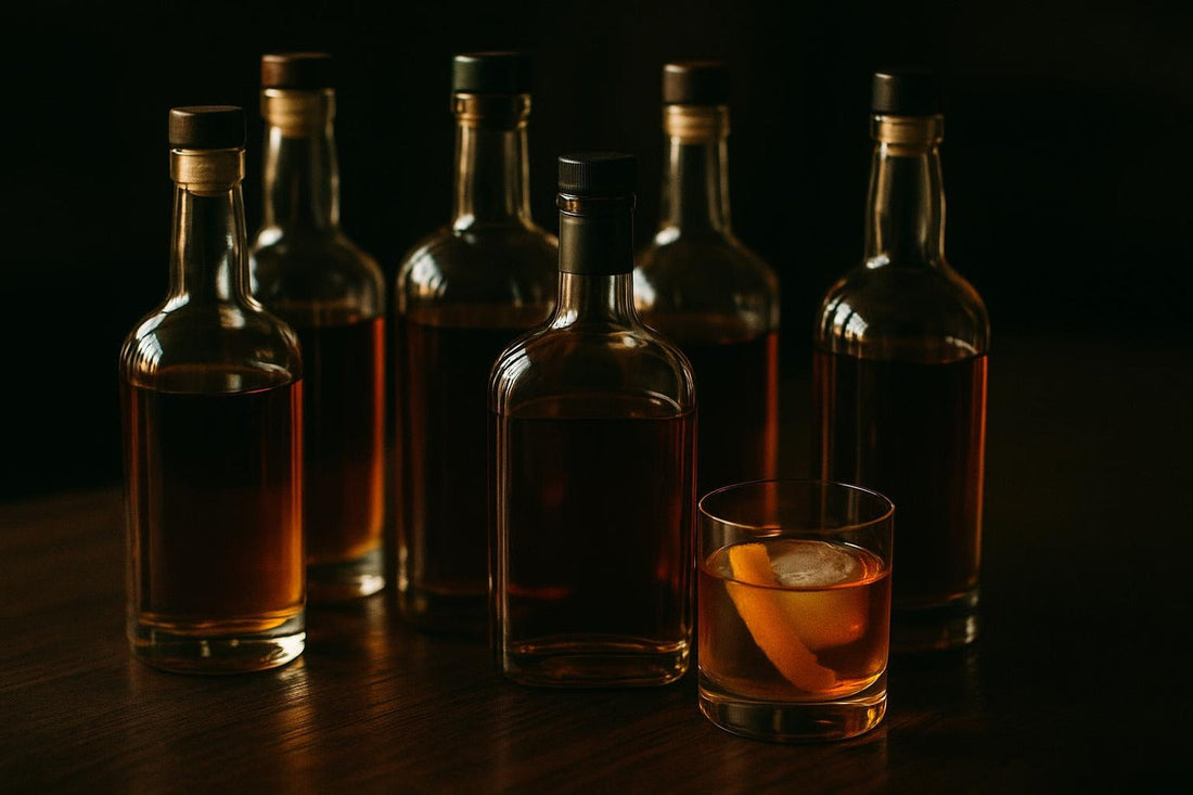 Six whiskey bottles clustered behind an Old Fashioned — best whiskey for Old Fashioned guide