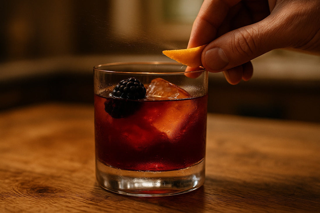 Blackberry Old Fashioned cocktail served in a rocks glass on a kitchen counter, warm editorial lighting, with a hand visible in the composition