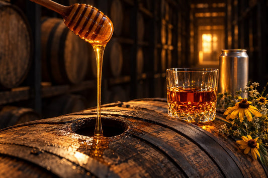 Honey drizzling from a wooden dipper into an oak whiskey barrel beside a glass of amber rye, wildflowers and a plain beverage can