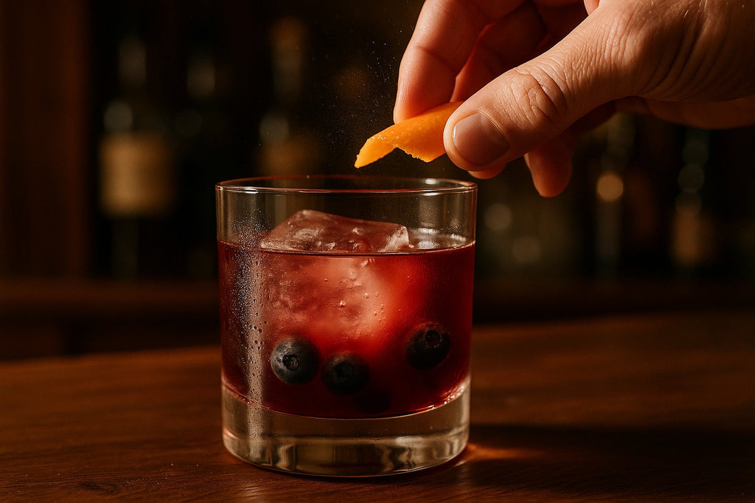 Blueberry Old Fashioned cocktail served in a rocks glass on a home bar, warm editorial lighting, with a hand visible in the composition