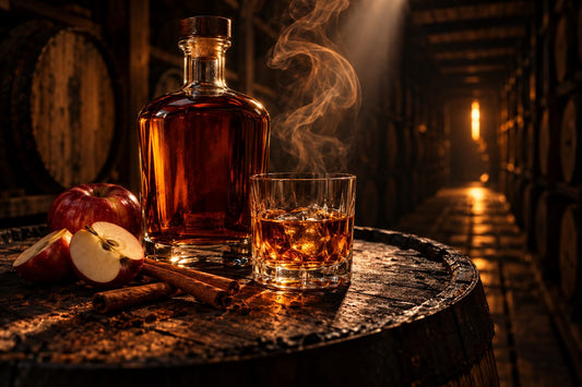 Unlabeled bottle and glass of copper rye whiskey on a barrel head with red apples and smoking cinnamon sticks in a dark rickhouse
