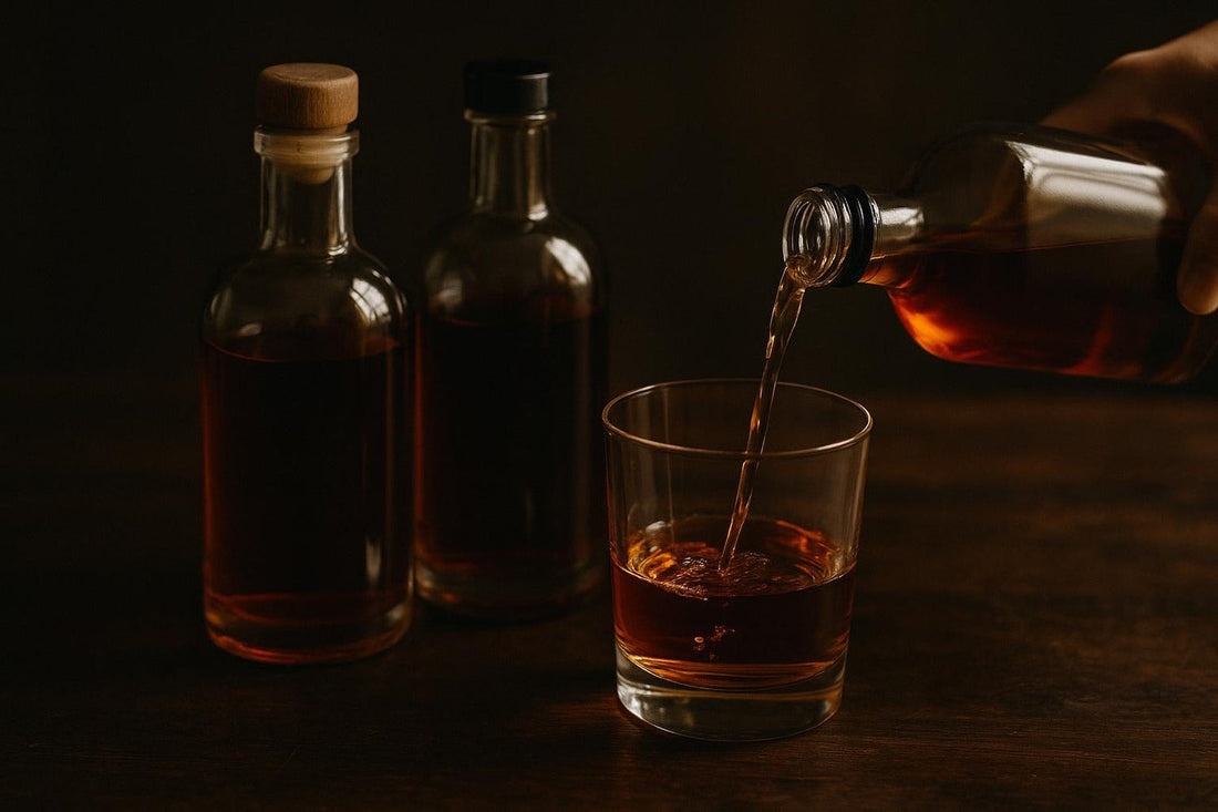 Three pre-bottled Old Fashioned bottles beside a rocks glass — bottled Old Fashioned guide