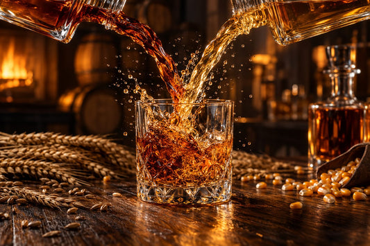 Two whiskeys of different amber shades pouring together into one glass beside rye grain and corn kernels