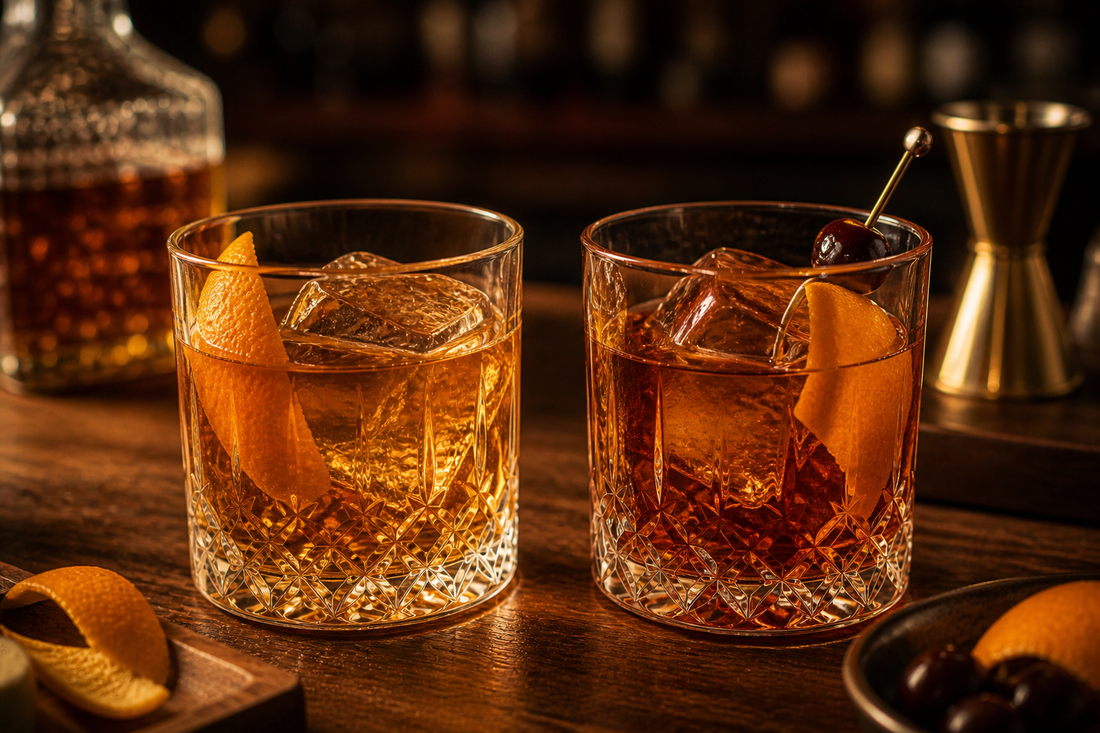 Side-by-side bourbon and rye Old Fashioned cocktails in a warm bar setting showing color and garnish differences for comparison