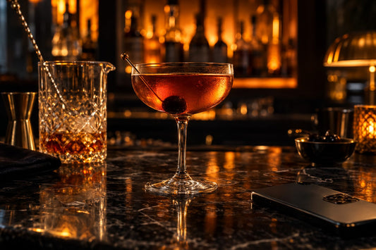 A stirred rye Manhattan, the drink nicknamed the Boy Martini, in a coupe with a cherry under warm amber light