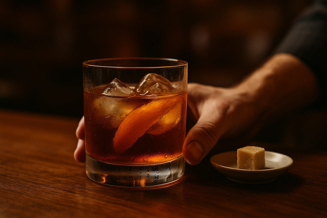 Brandy Old Fashioned cocktail served in a rocks glass on a lounge, warm editorial lighting, with a hand visible in the composition