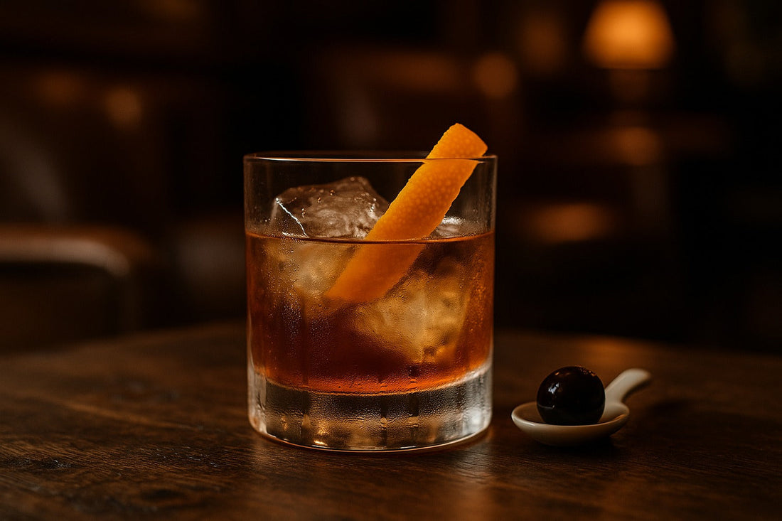 Brown Sugar Old Fashioned cocktail served in a rocks glass on a lounge, warm editorial lighting