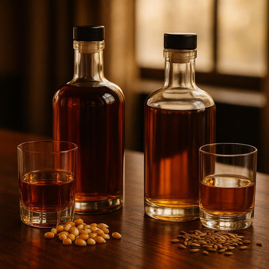 Bourbon and rye whiskey side by side with corn and rye grain showing the mash bill difference