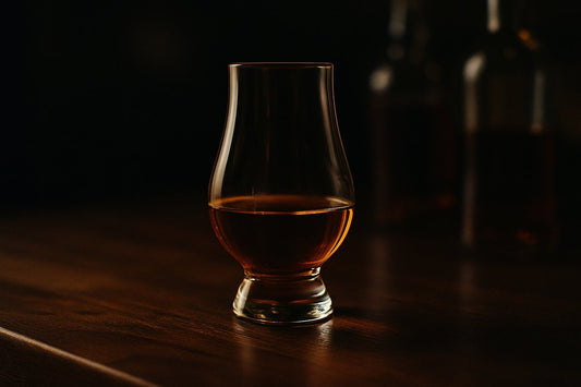 Glass of neat rye whiskey in a Glencairn nosing glass on a dark bar - best rye whiskey to drink straight