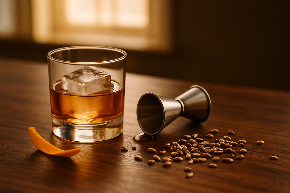 A measured 1.5 oz pour of rye whiskey beside a jigger, illustrating calorie-aware pouring