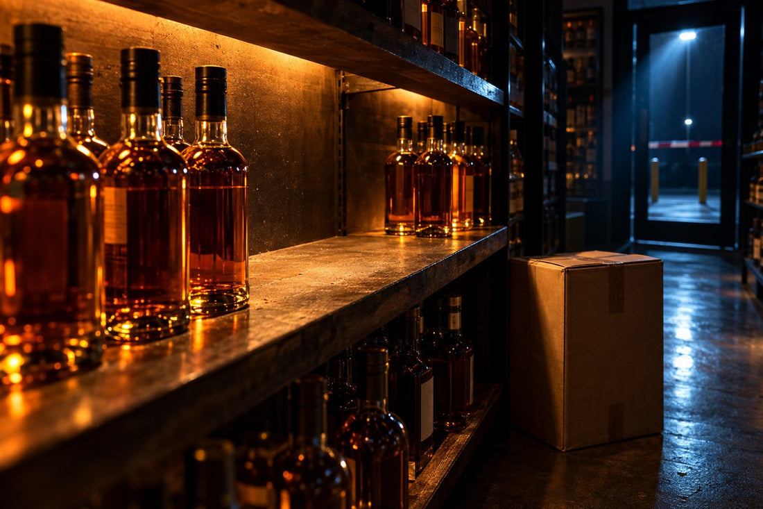Liquor store shelf of unlabeled amber whisky bottles with a gap where bottles are missing, a sealed shipping carton beside it and a closed doorway behind