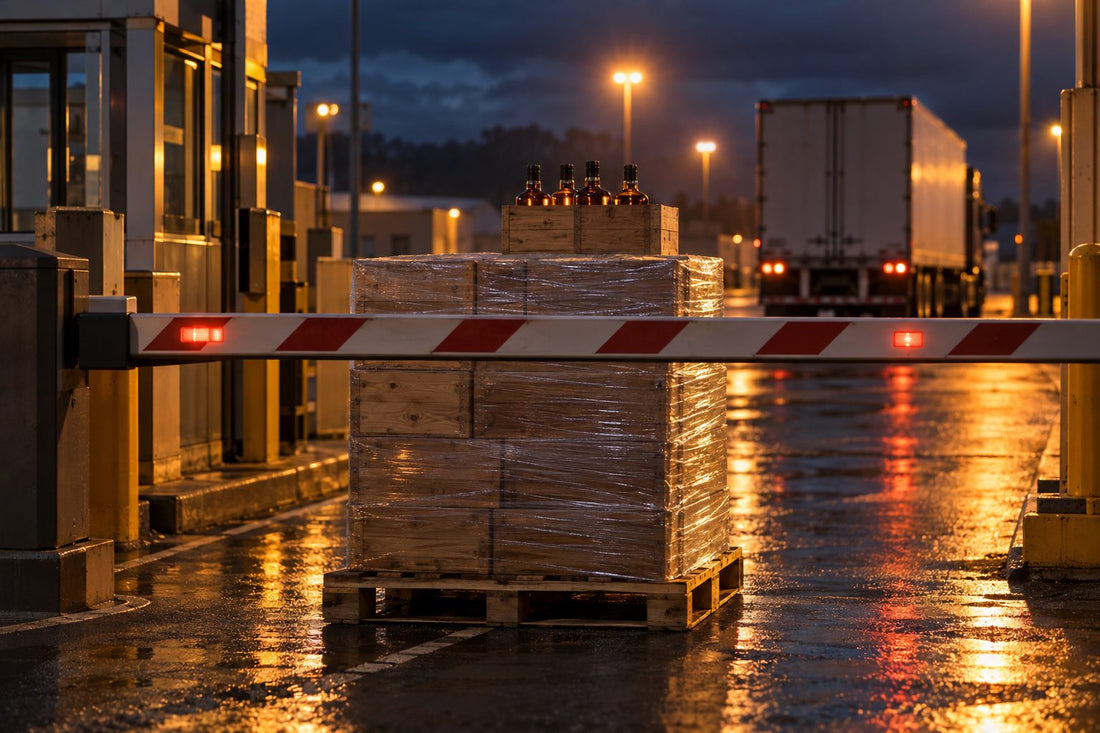 Customs barrier arm lowered in front of a shrink-wrapped pallet of whisky crates at a border crossing at night