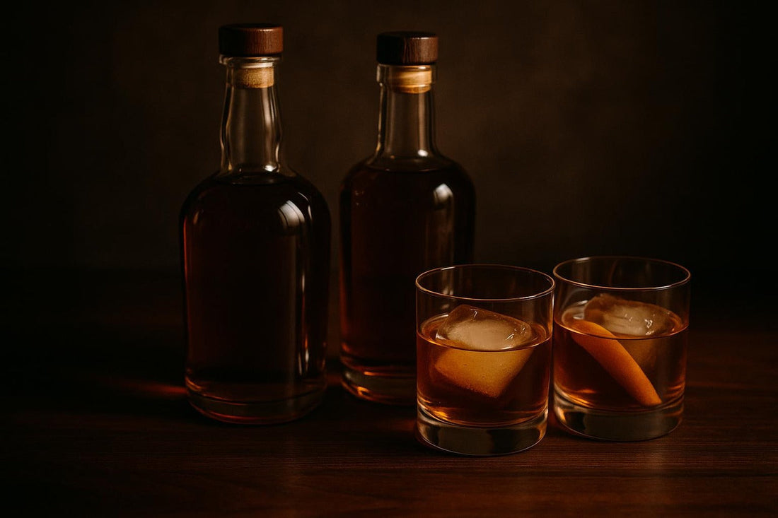 Canadian and American rye bottles beside two matching Old Fashioneds — Canadian vs American rye OF