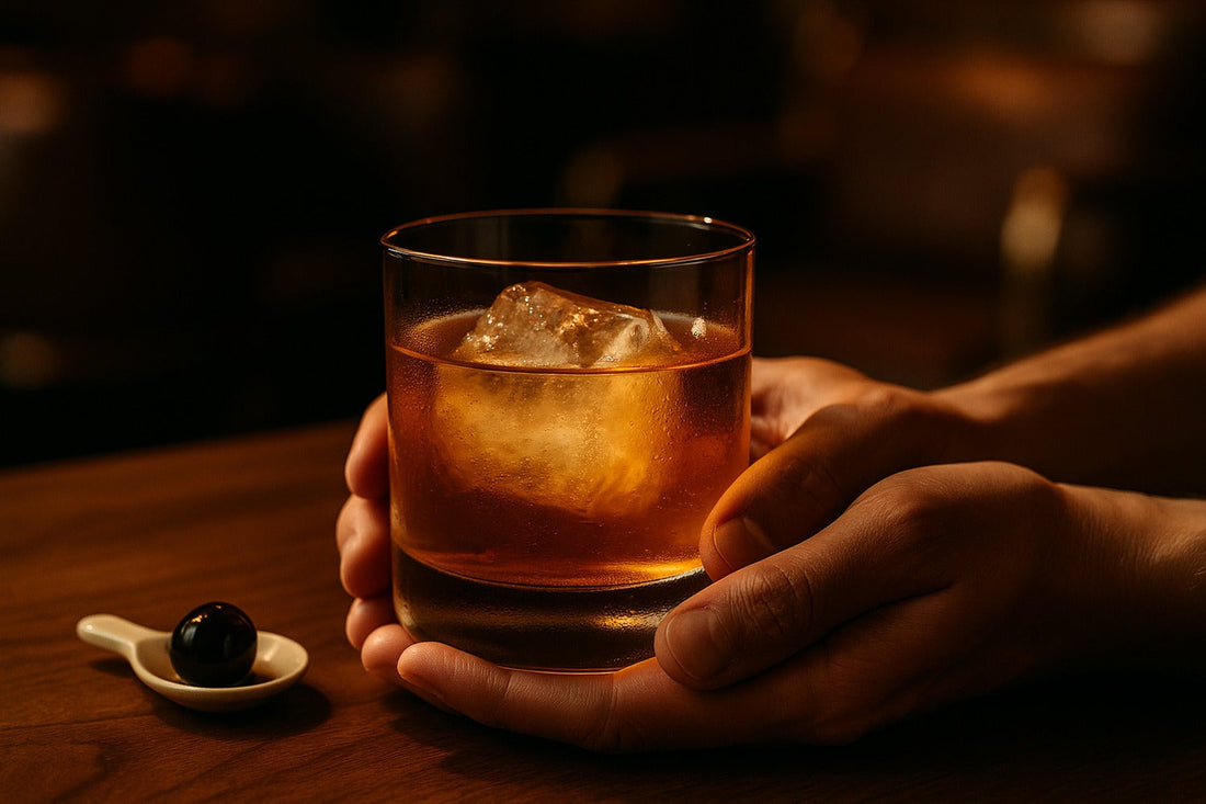 Celebration Old Fashioned cocktail served in a rocks glass on a lounge, warm editorial lighting, with a hand visible in the composition