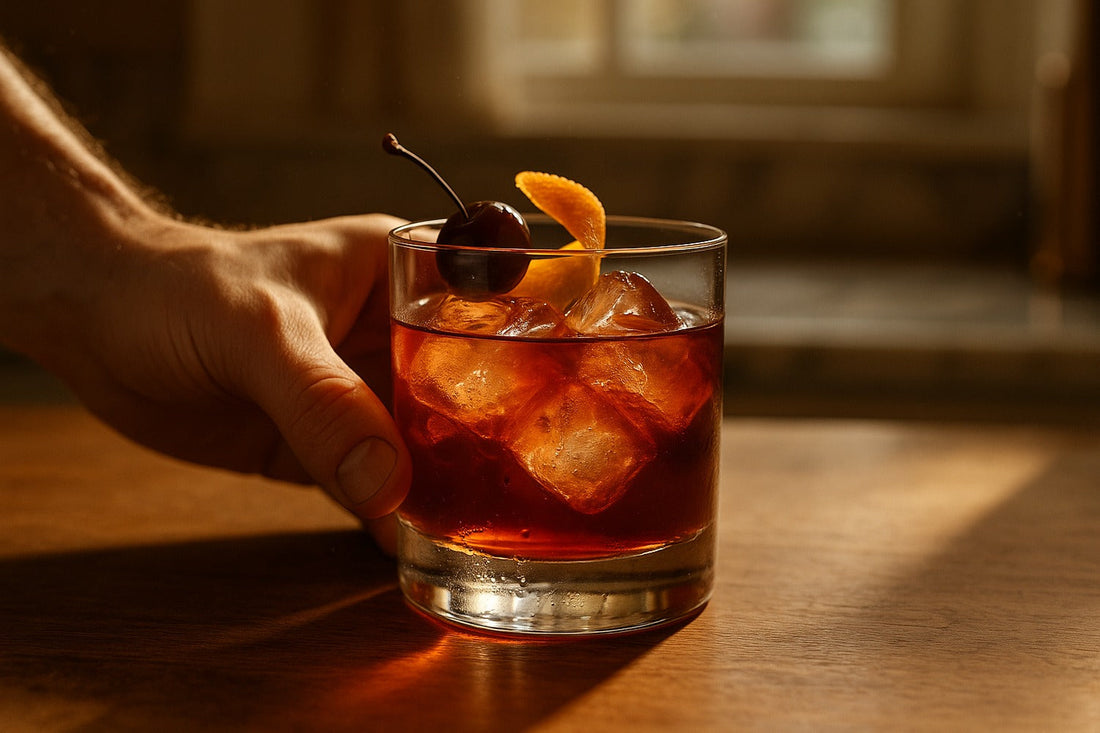 Cherry Old Fashioned cocktail served in a rocks glass on a kitchen counter, warm editorial lighting, with a hand visible in the composition