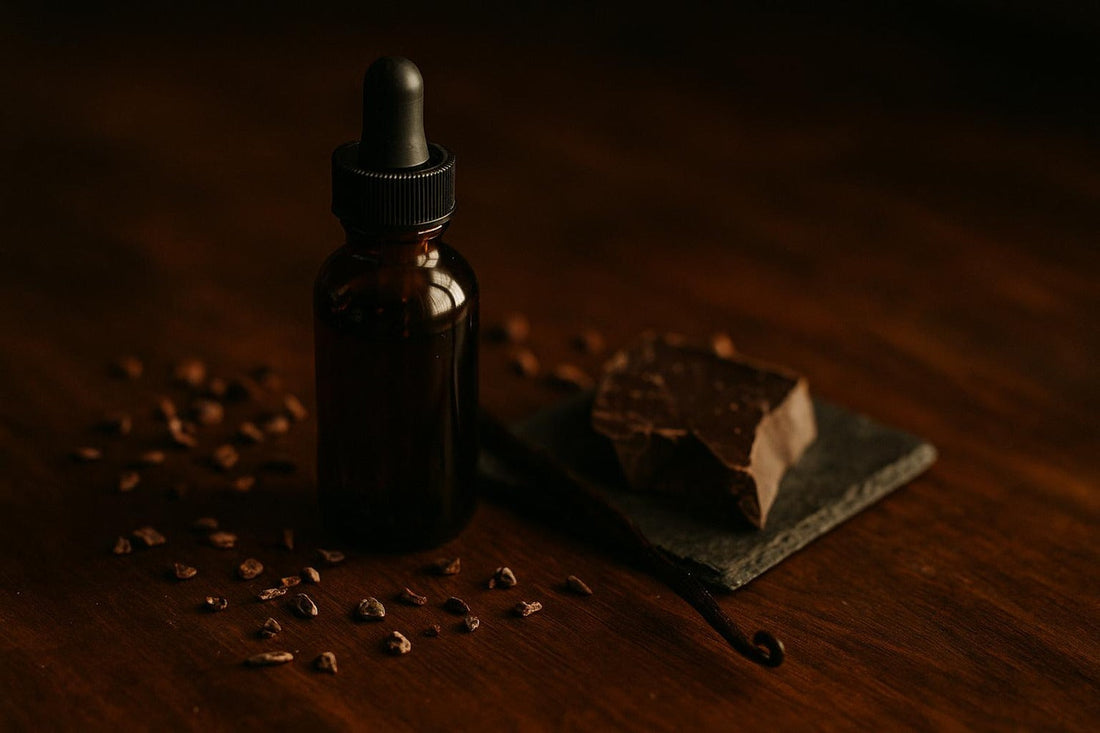 Bottle of chocolate bitters with cocoa nibs, dark chocolate, and vanilla bean on dark walnut