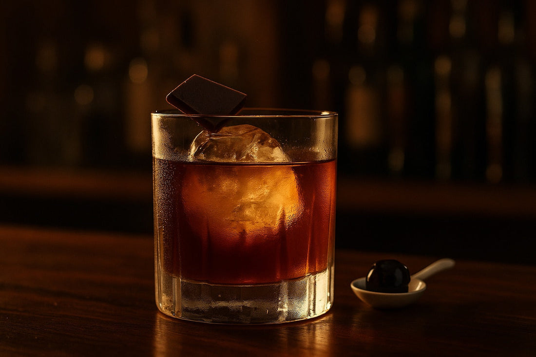 Chocolate Old Fashioned cocktail served in a rocks glass on a home bar, warm editorial lighting