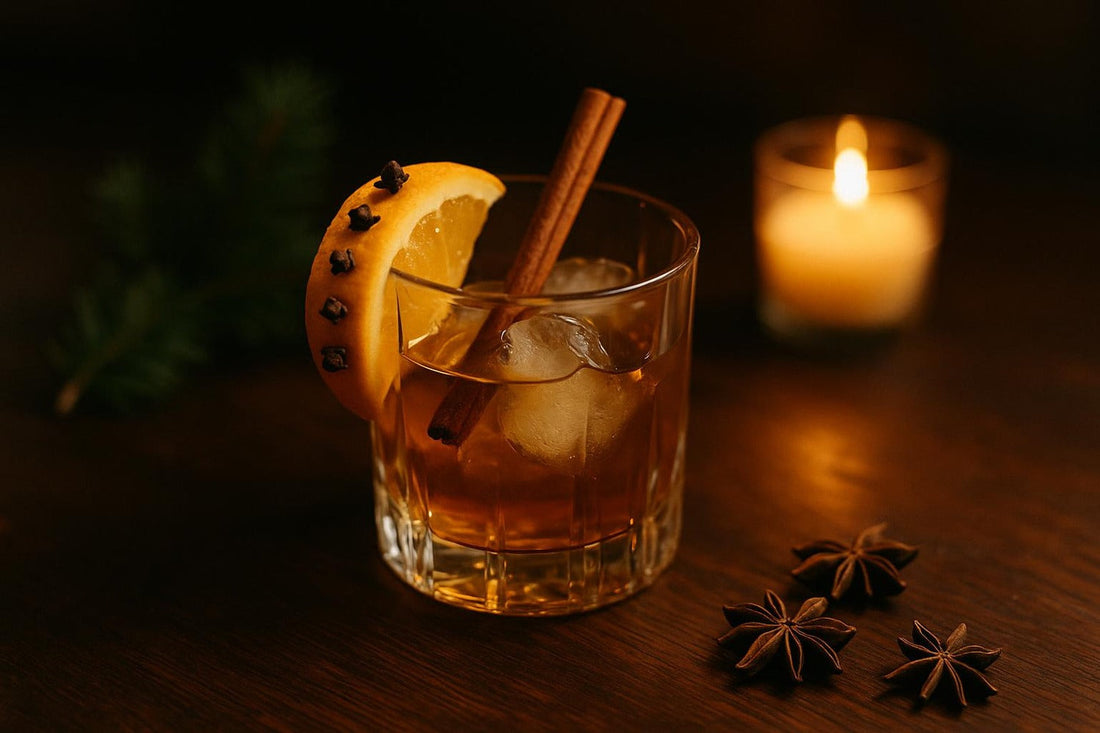 Christmas Old Fashioned with clove-studded orange, cinnamon stick, and star anise on dark walnut