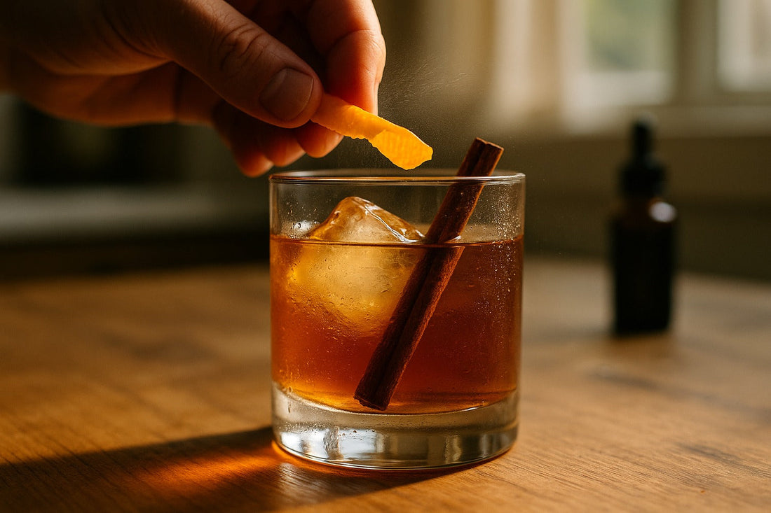 Cinnamon Old Fashioned cocktail served in a rocks glass on a kitchen counter, warm editorial lighting, with a hand visible in the composition