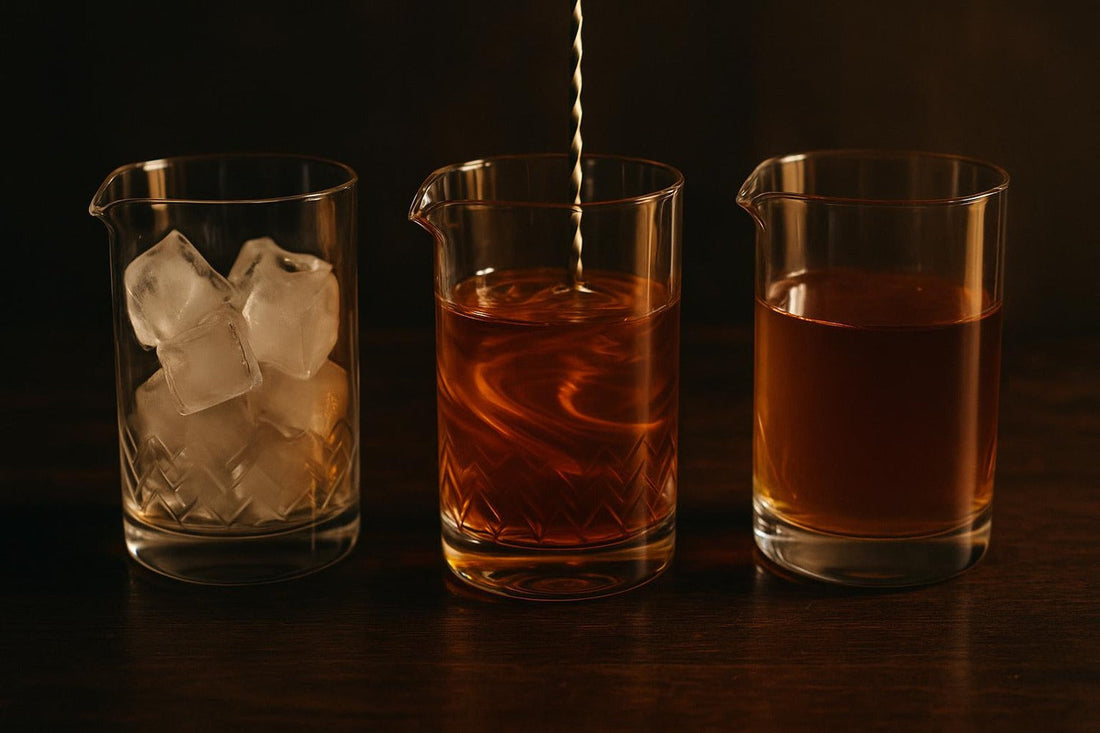 Three cocktail mixing glasses showing dilution stages — science of cocktail dilution