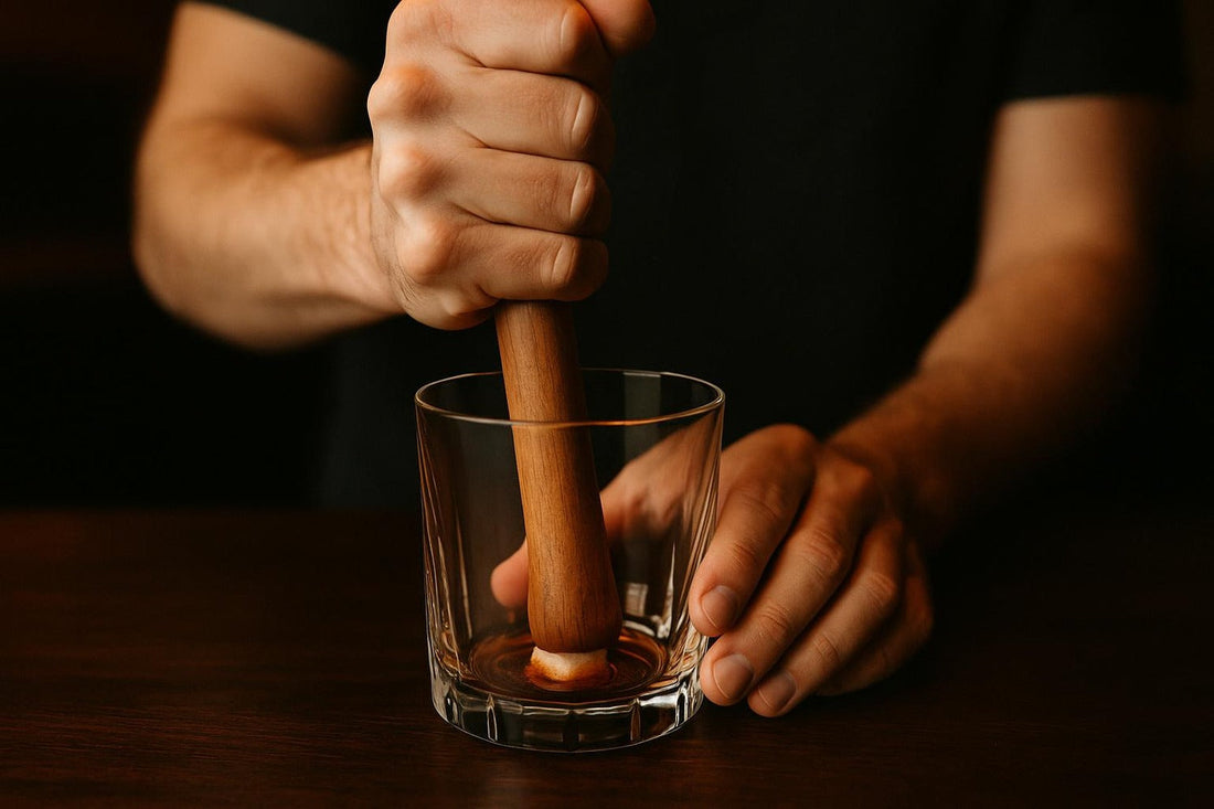 Hand muddling sugar cube and bitters in a rocks glass with wooden muddler — cocktail muddler guide