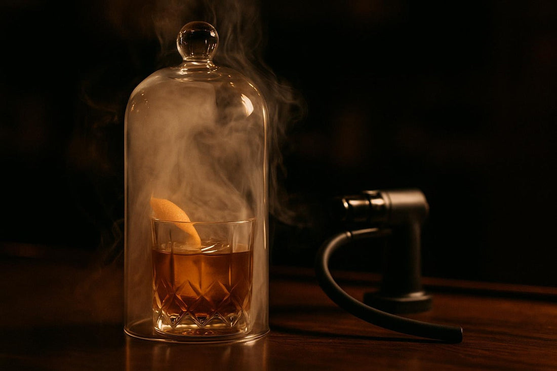 Smoked Old Fashioned under glass cloche with cherry-wood smoke and smoking gun — cocktail smoking kit guide