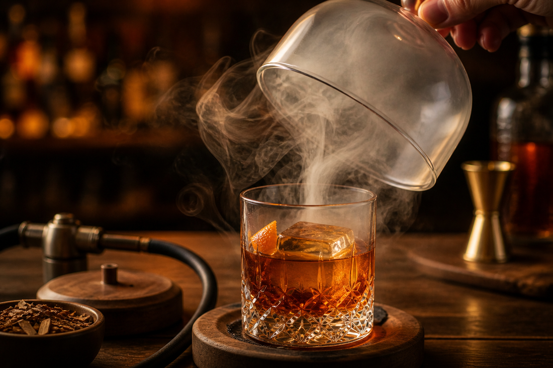 Smoked Old Fashioned cocktail under glass cloche with swirling smoke in a warm bar setting demonstrating cocktail smoking technique