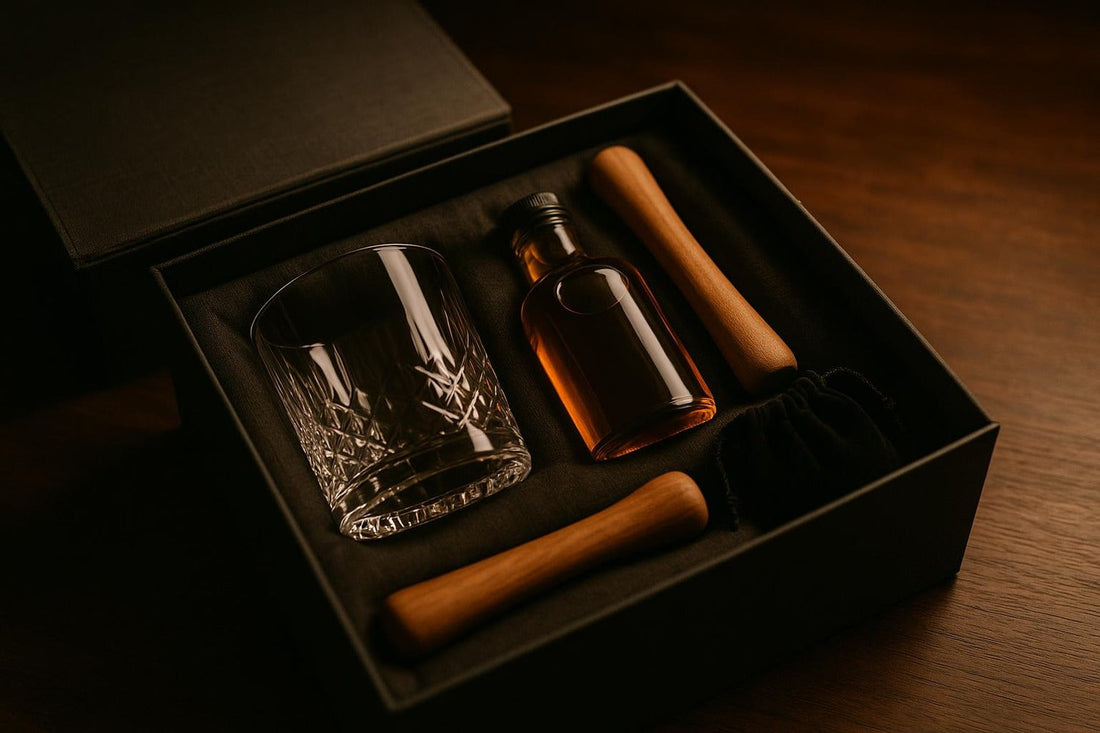 Open corporate gift box with crystal glass, whiskey, muddler on dark walnut — corporate Old Fashioned gift