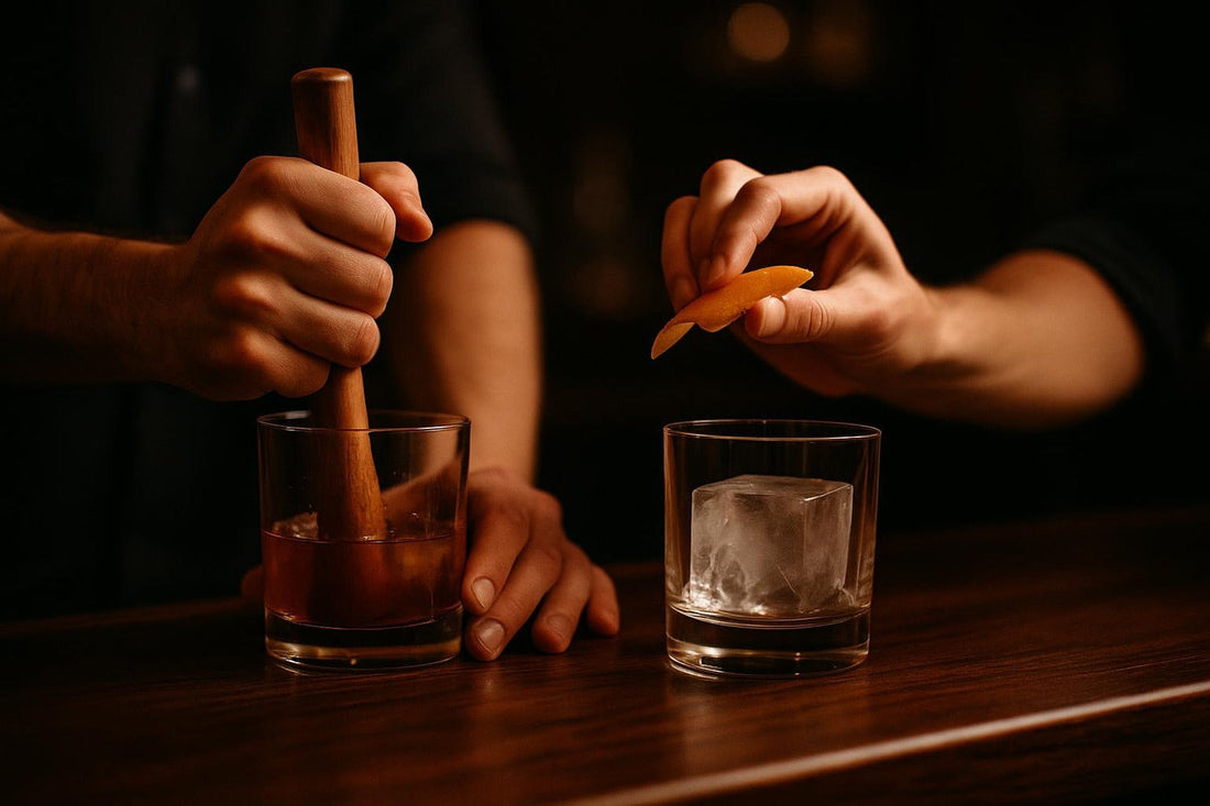 Two pairs of hands building Old Fashioneds together at a bar — couples cocktail recipe