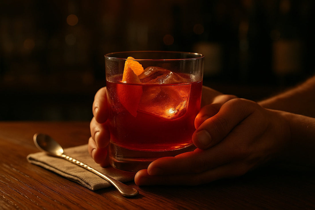 Cranberry Old Fashioned cocktail served in a rocks glass on a home bar, warm editorial lighting, with a hand visible in the composition